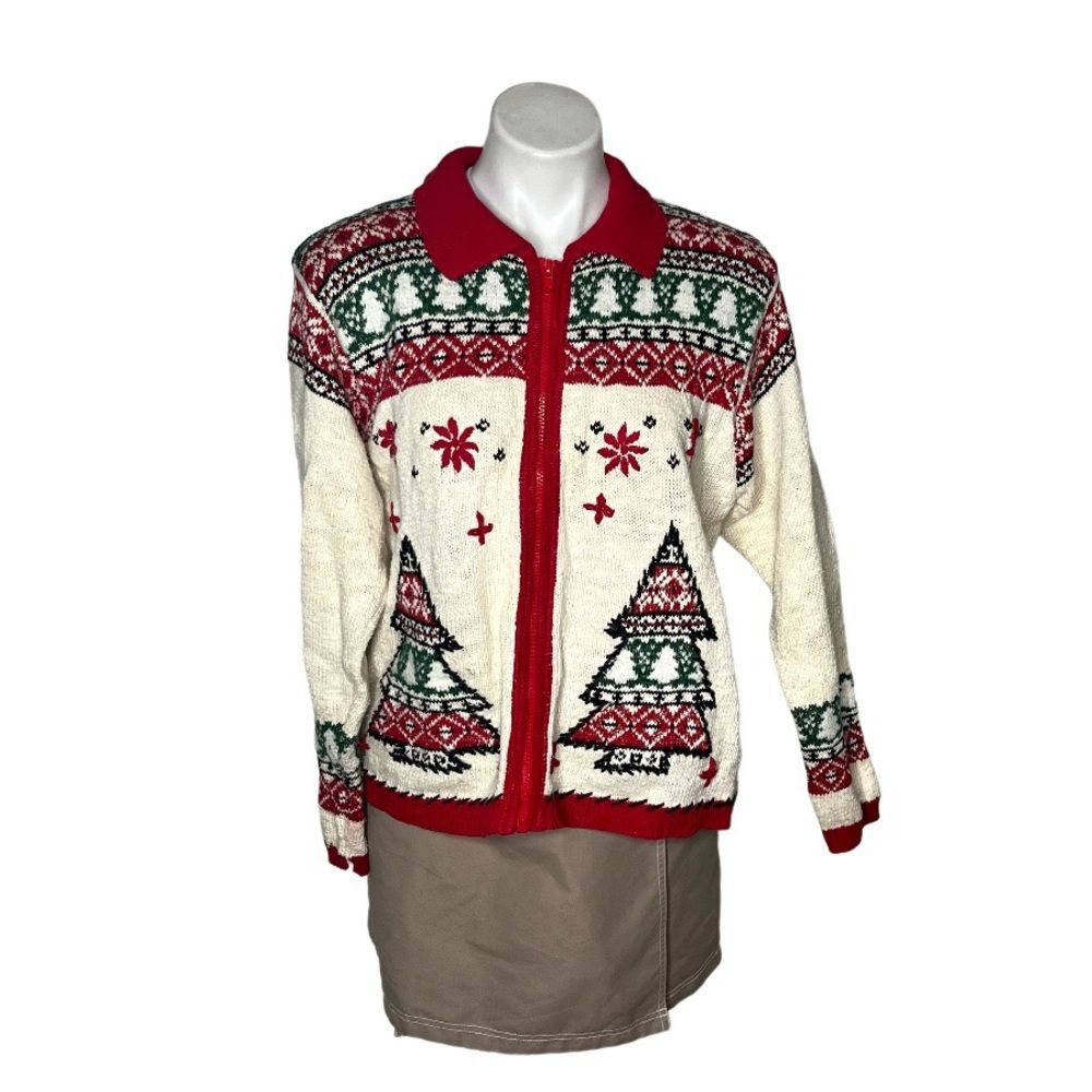 Holiday CHRISTMAS Sweater Cardigan Zipper Front Closure Ivory Red Green